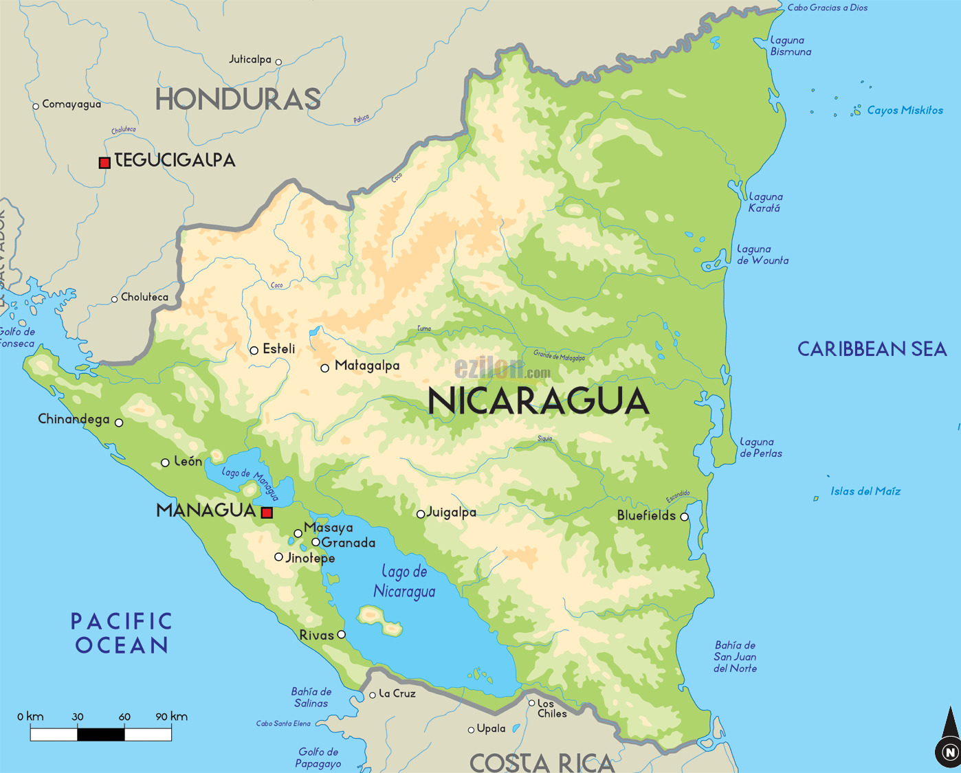physical map of nicaragua